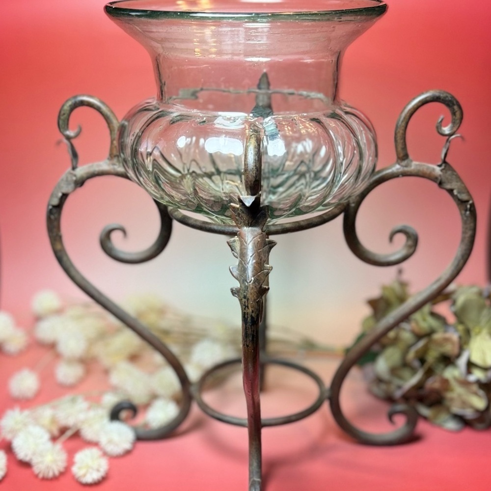 Vintage 90’s Blown Glass Vessel Vase with Metal Pedestal Stand - large piece